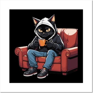 Black Cat Relaxing with a Cup of Hot Chocolate Posters and Art